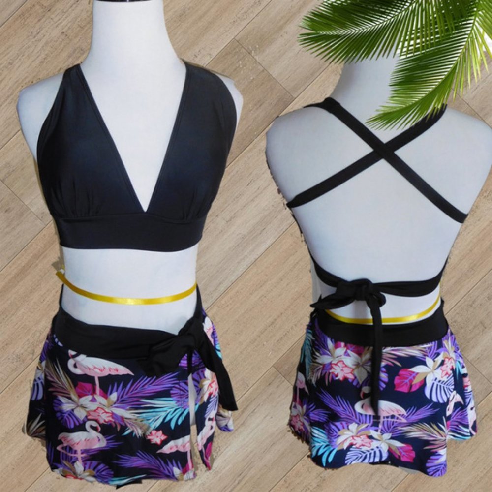 BLACK SWIM TOP /TROPICAL PRINT SKIRT TWO PIECE SWIMSUIT